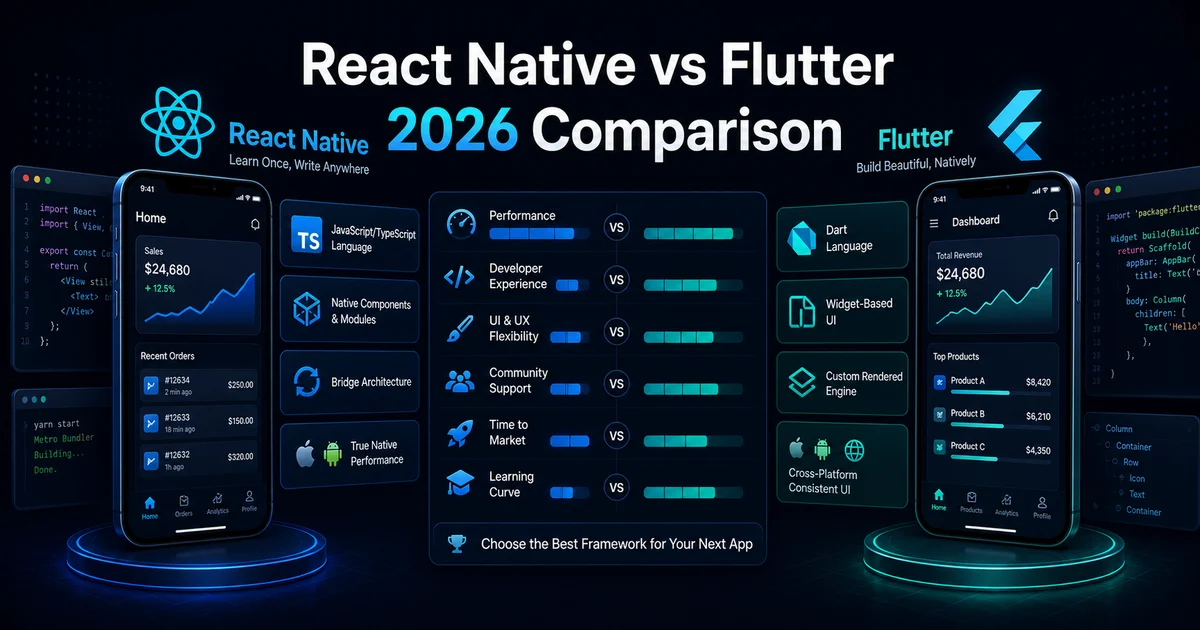 React Native vs Flutter 2026 Comparison dashboard