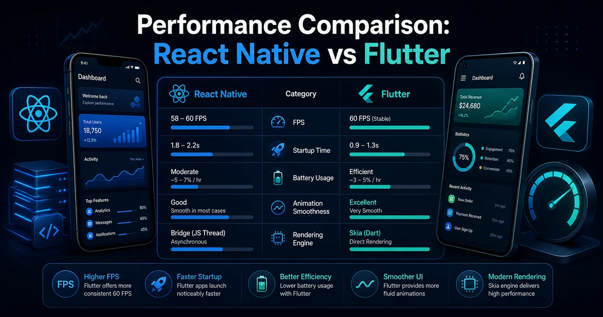 Performance Comparison: React Native vs Flutter showing FPS, startup time, battery use, and rendering engines