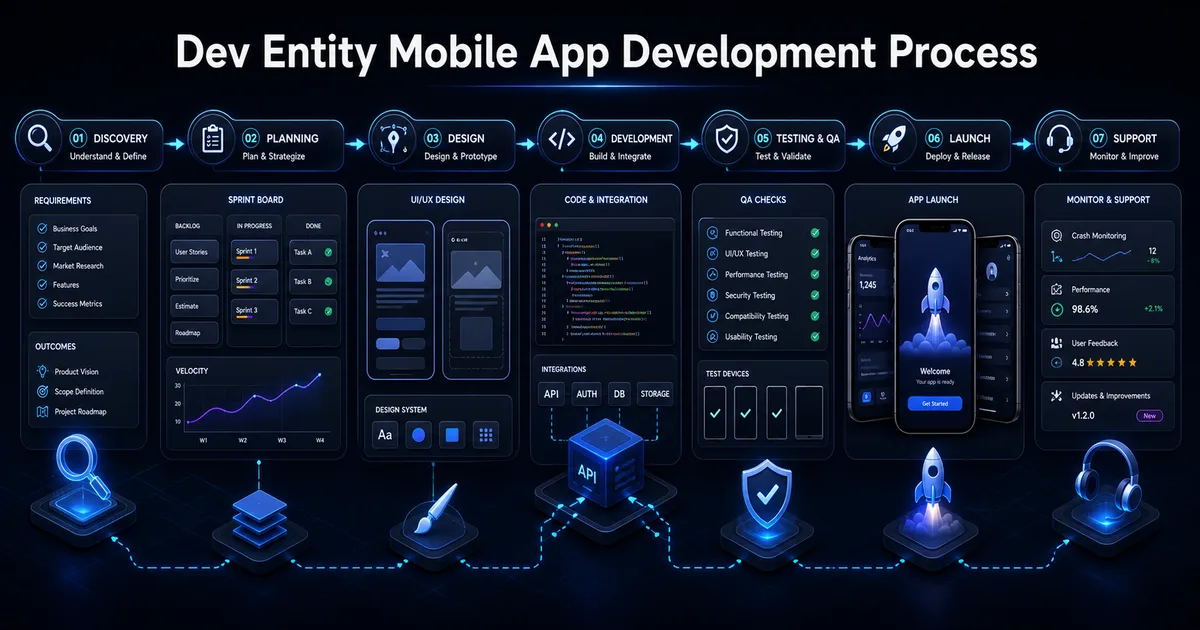 Dev Entity mobile app development process from discovery to launch