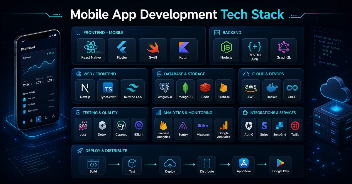 Mobile app development technology stack including React Native Flutter Swift Kotlin Next.js and Node.js